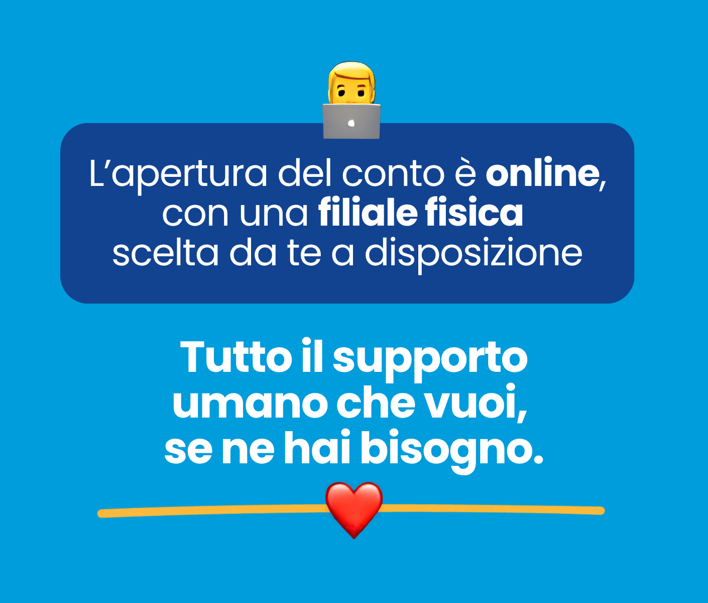 Promo pubblicitaria: apertura conto online con scelta di filiale fisica e supporto umano disponibile.